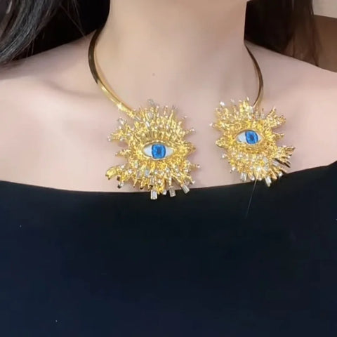 EVIL EYE SUNBURST CHOKER – Gold Crystal Collar Necklace EVIL EYE SUNBURST CHOKER – Gold Crystal Collar Necklace