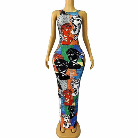 Colorful dress with artistic design on a mannequin against a white background Colorful dress with artistic design on a mannequin against a white background