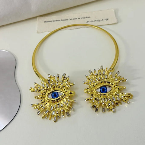 EVIL EYE SUNBURST CHOKER – Gold Crystal Collar Necklace EVIL EYE SUNBURST CHOKER – Gold Crystal Collar Necklace