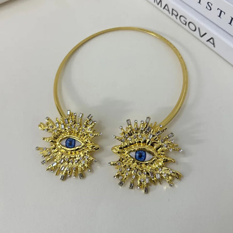 EVIL EYE SUNBURST CHOKER – Gold Crystal Collar Necklace EVIL EYE SUNBURST CHOKER – Gold Crystal Collar Necklace