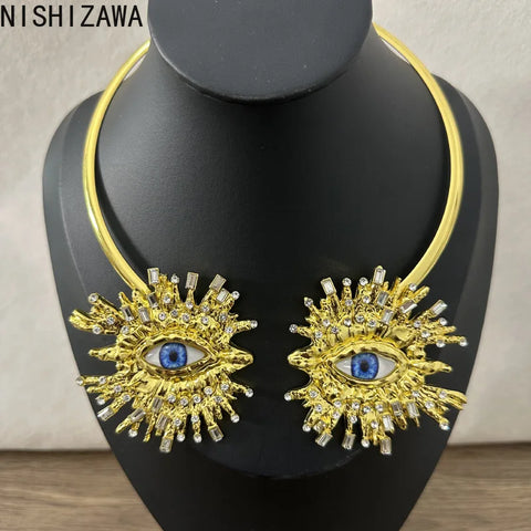 EVIL EYE SUNBURST CHOKER – Gold Crystal Collar Necklace EVIL EYE SUNBURST CHOKER – Gold Crystal Collar Necklace