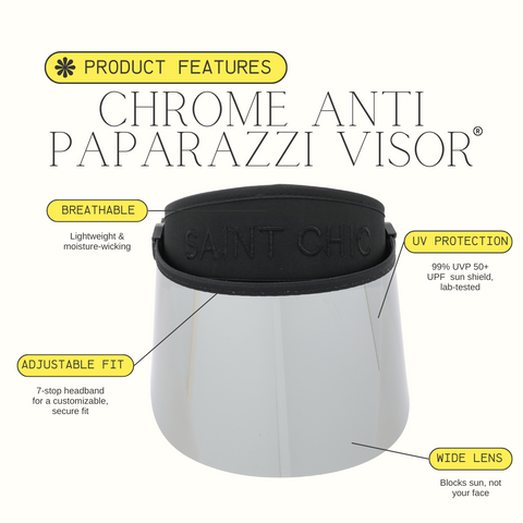 Chrome Anti Paparazzi Visor™ – Adjustable Sun Shield with 4.5” Lens & UV Protection Chrome Anti Paparazzi Visor™ – Adjustable Sun Shield with 4.5” Lens & UV Protection