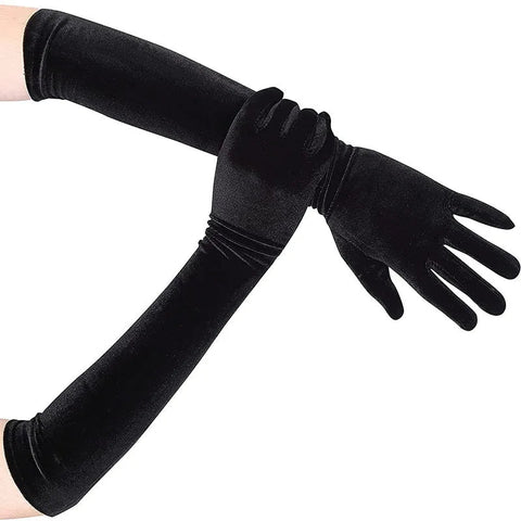 Black elbow-length gloves with a measurement label on a white background Black elbow-length gloves with a measurement label on a white background