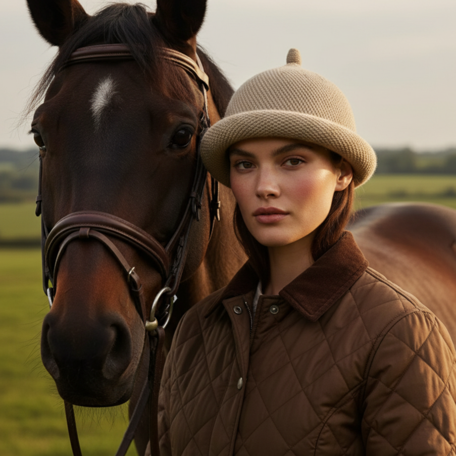 Woman in a brown quilted jacket and beige hat standing next to a horse in a field. Woman in a brown quilted jacket and beige hat standing next to a horse in a field.