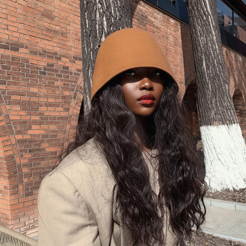 Woman wearing a brown bucket hat and beige coat standing against a brick wall. Woman wearing a brown bucket hat and beige coat standing against a brick wall.