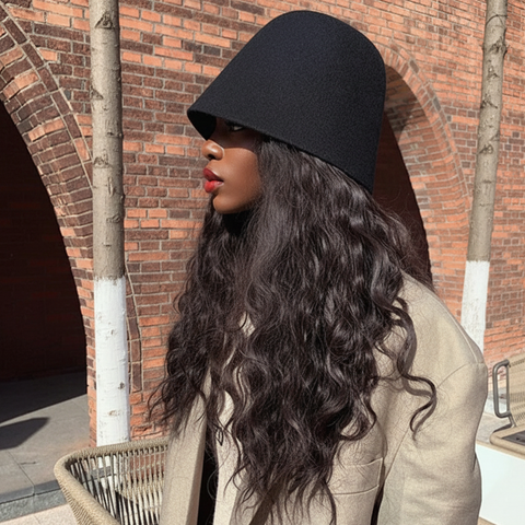 Woman wearing a black hat and beige coat standing in front of a brick building. Woman wearing a black hat and beige coat standing in front of a brick building.