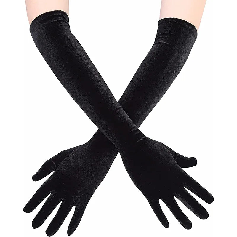 Black elbow-length gloves worn by a person on a white background Black elbow-length gloves worn by a person on a white background