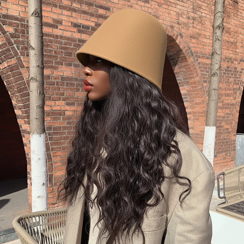 Person wearing a beige hat and coat in front of a brick building Person wearing a beige hat and coat in front of a brick building