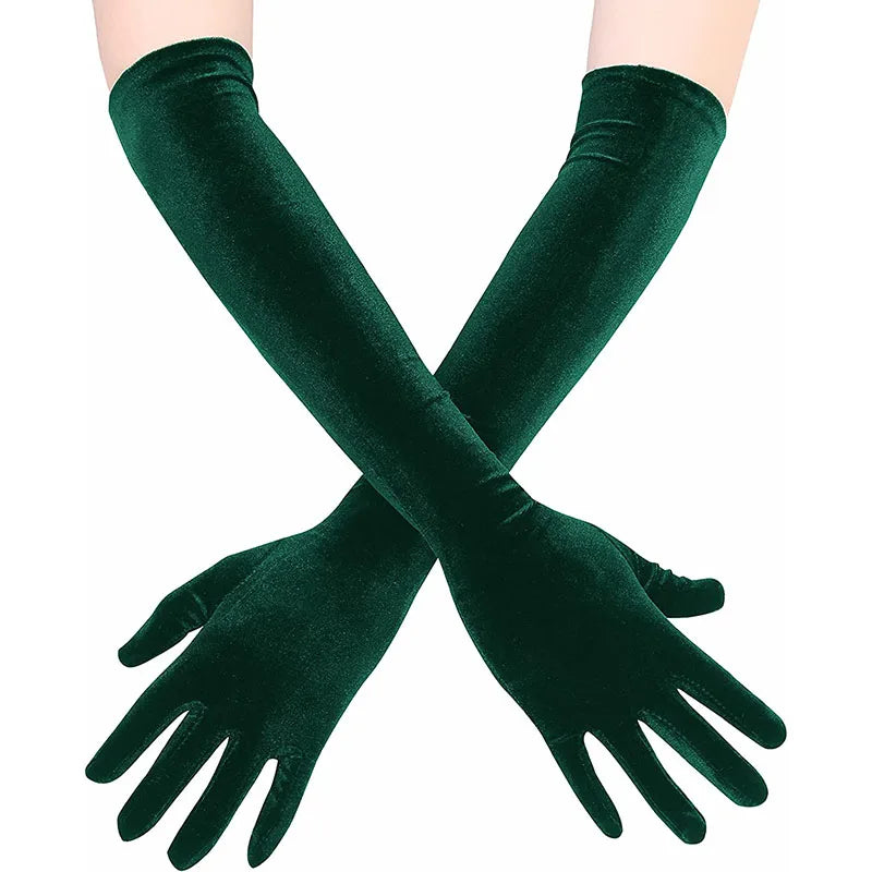 Green elbow-length gloves worn by a person on a white background Green elbow-length gloves worn by a person on a white background