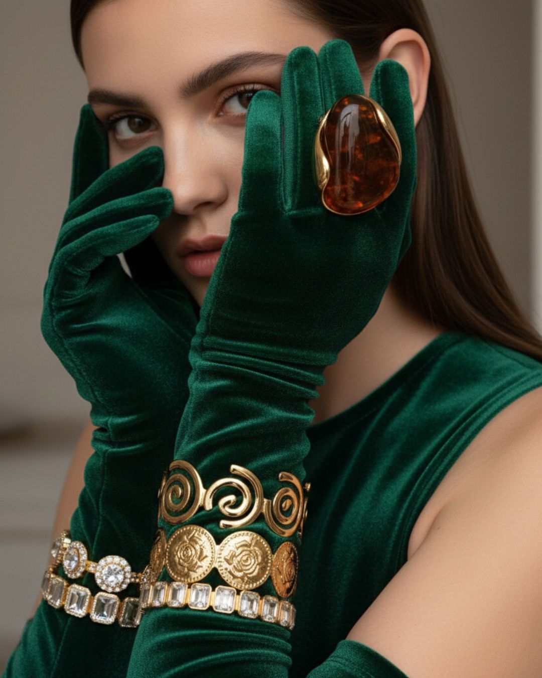 Woman wearing green gloves and a gold bracelet with a large amber stone. Woman wearing green gloves and a gold bracelet with a large amber stone.