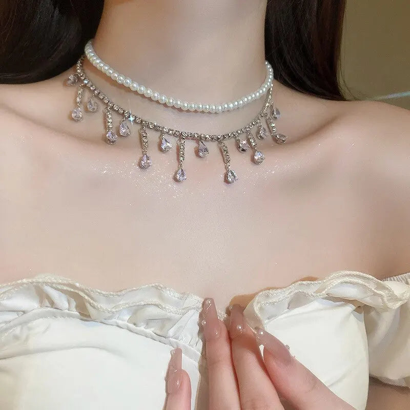 CASCADE Pearl Crystal Necklace-Necklace-SAINT CHIC