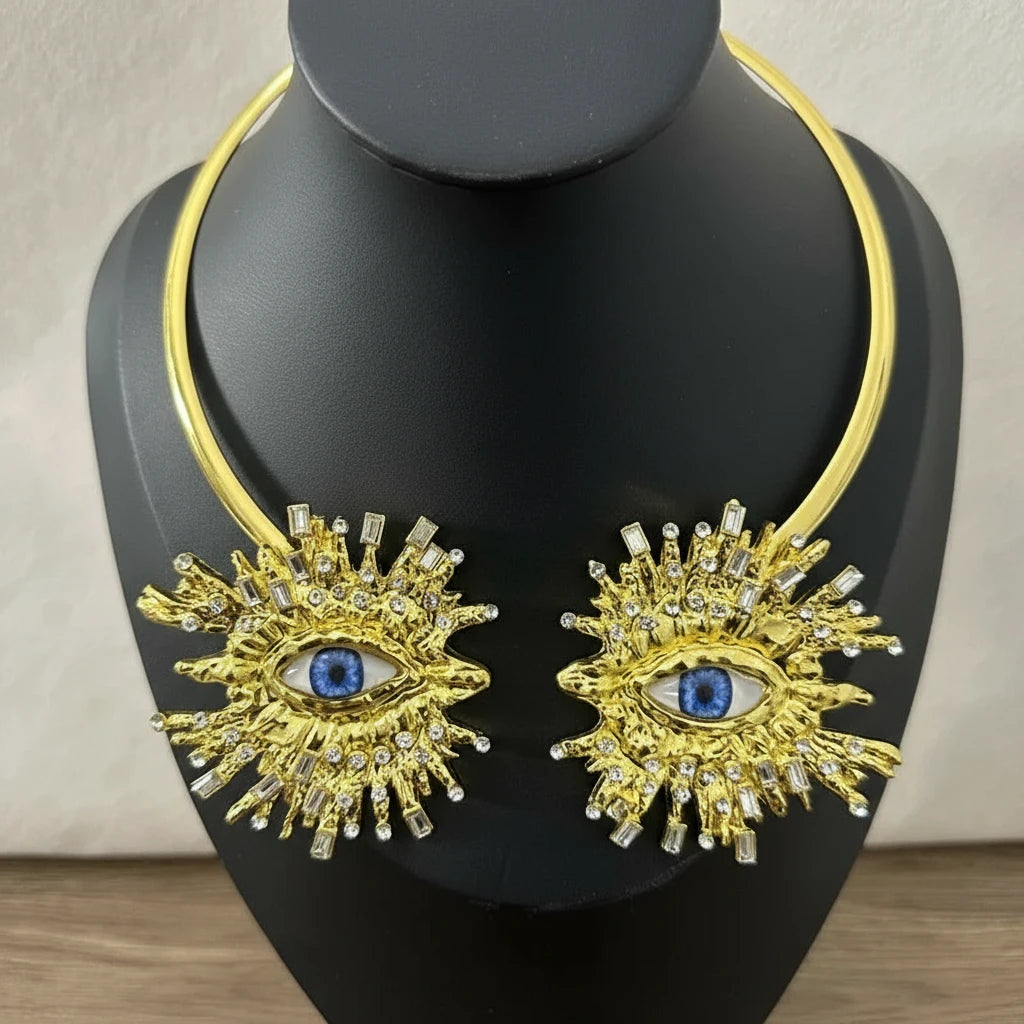 EVIL EYE SUNBURST CHOKER – Gold Crystal Collar Necklace-Necklace-SAINT CHIC Main image
