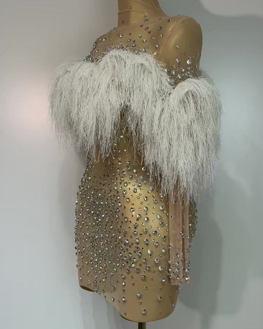 Crystal-embellished nude mesh mini dress with white feather trim, shown on a dress form
